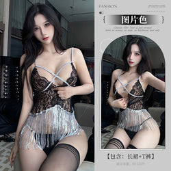 Image of Love like erotic lingerie fringe Latin dance skirt uniform seduction lace see-through sexy suspender cross-tie 5584