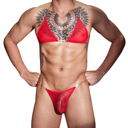 Image of The new European and American men's thin and sexy and visible temptation transparent shoulder strap three-point sex suit