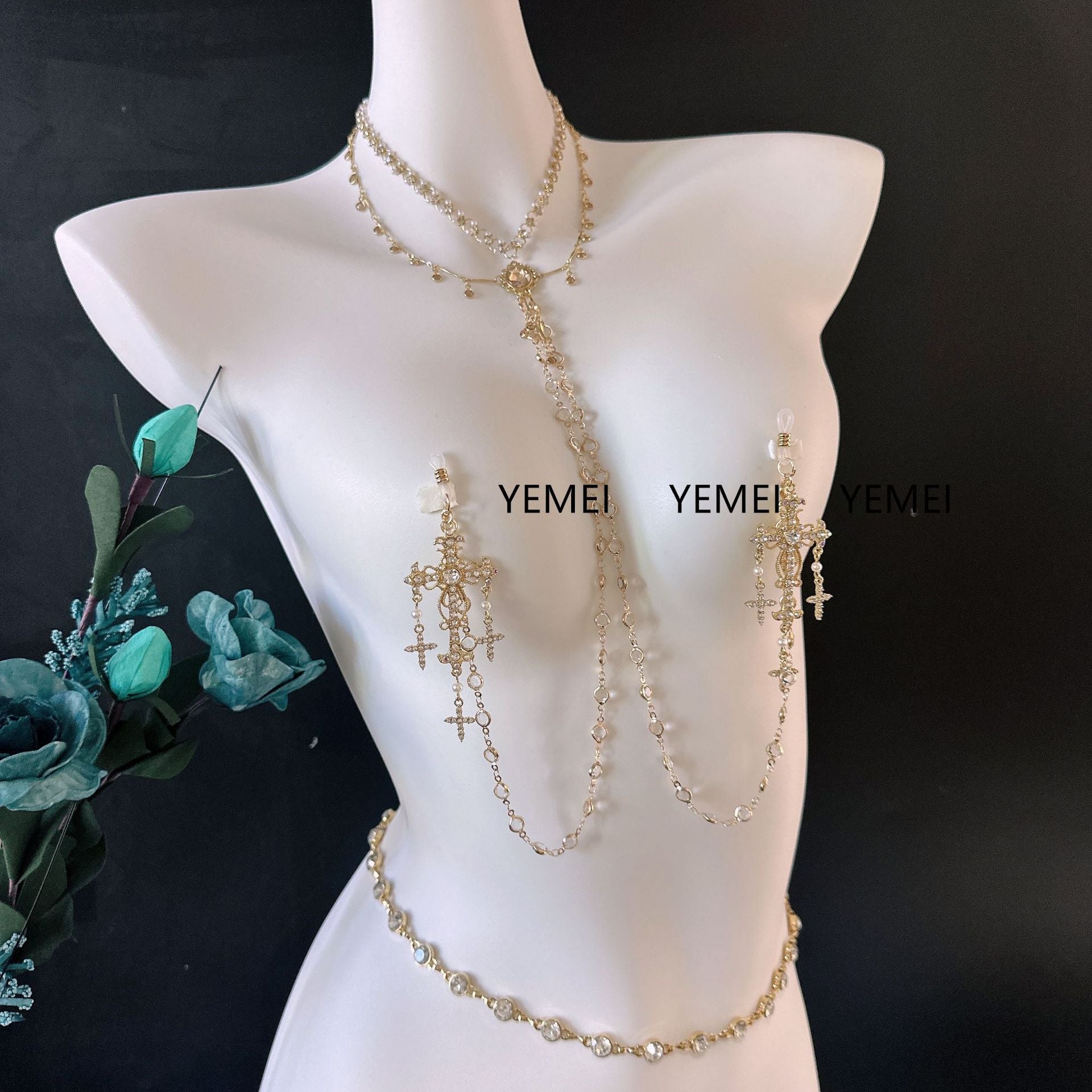 Image of sex toys diamond set cross baroque style necklace breast clamp waist chain anal plug sm stimulation training male and female nipples