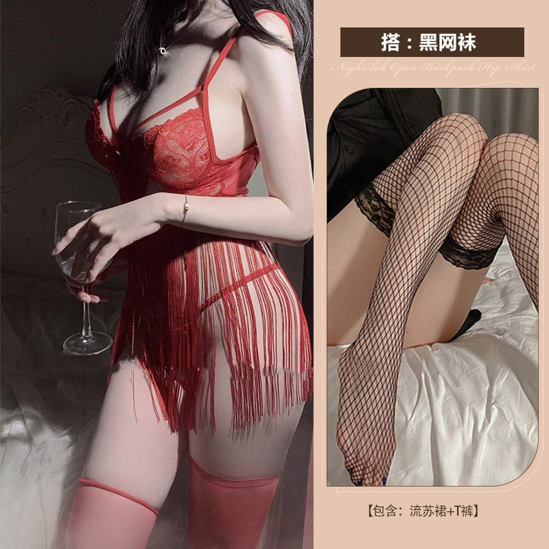 Astringent desire erotic lingerie sexy backless temptation lace see-through strap tassel free nightdress uniform set 0740