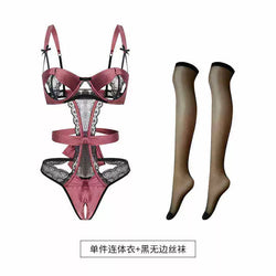 Image of Meizhi Lan erotic lingerie pure desire lace open breast exposure jumpsuit tight temptation no take off sexy small breast suit