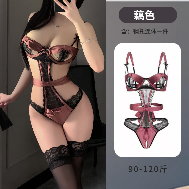 Meizhi Lan erotic lingerie pure desire lace open breast exposure jumpsuit tight temptation no take off sexy small breast suit
