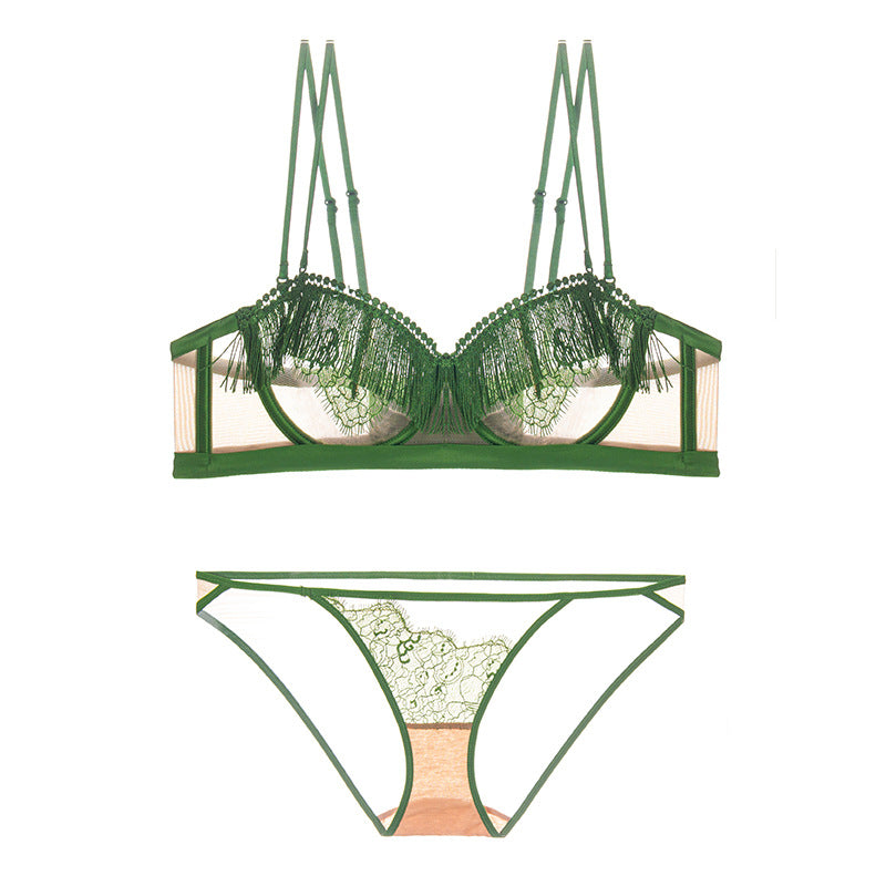 Southeast Asia cross-border fringe half cup underwear women's ultra-thin cup big breasts show small transparent mesh sex interesting bra