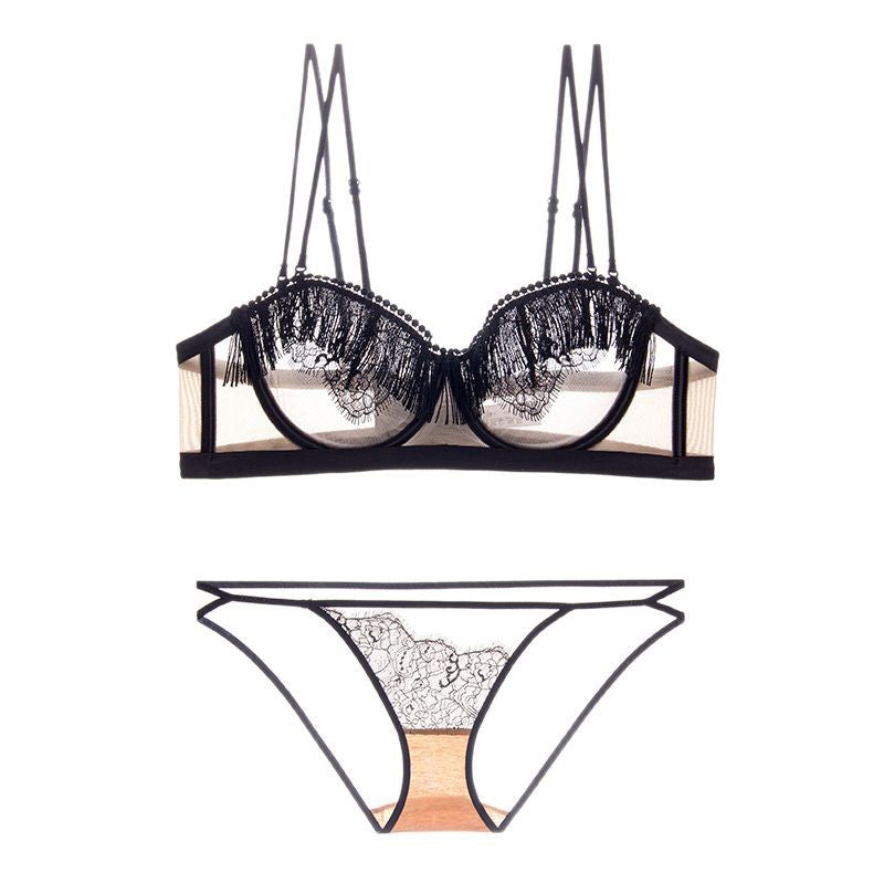 Southeast Asia cross-border fringe half cup underwear women's ultra-thin cup big breasts show small transparent mesh sex interesting bra