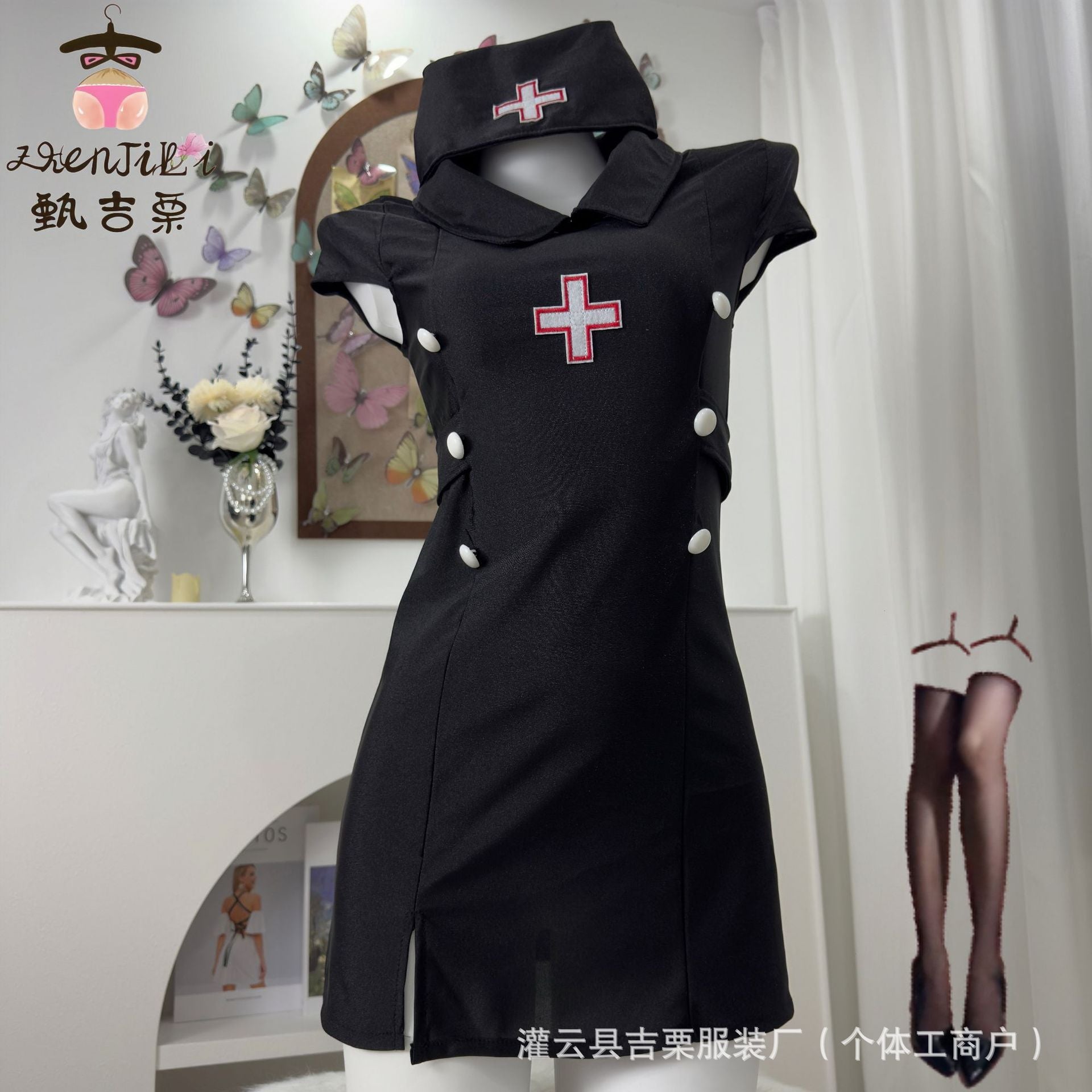 Image of Ji Li sex fun underwear hot nurse uniform cosplay pure desire side slit buttocks skirt skirt without taking it off on the bed