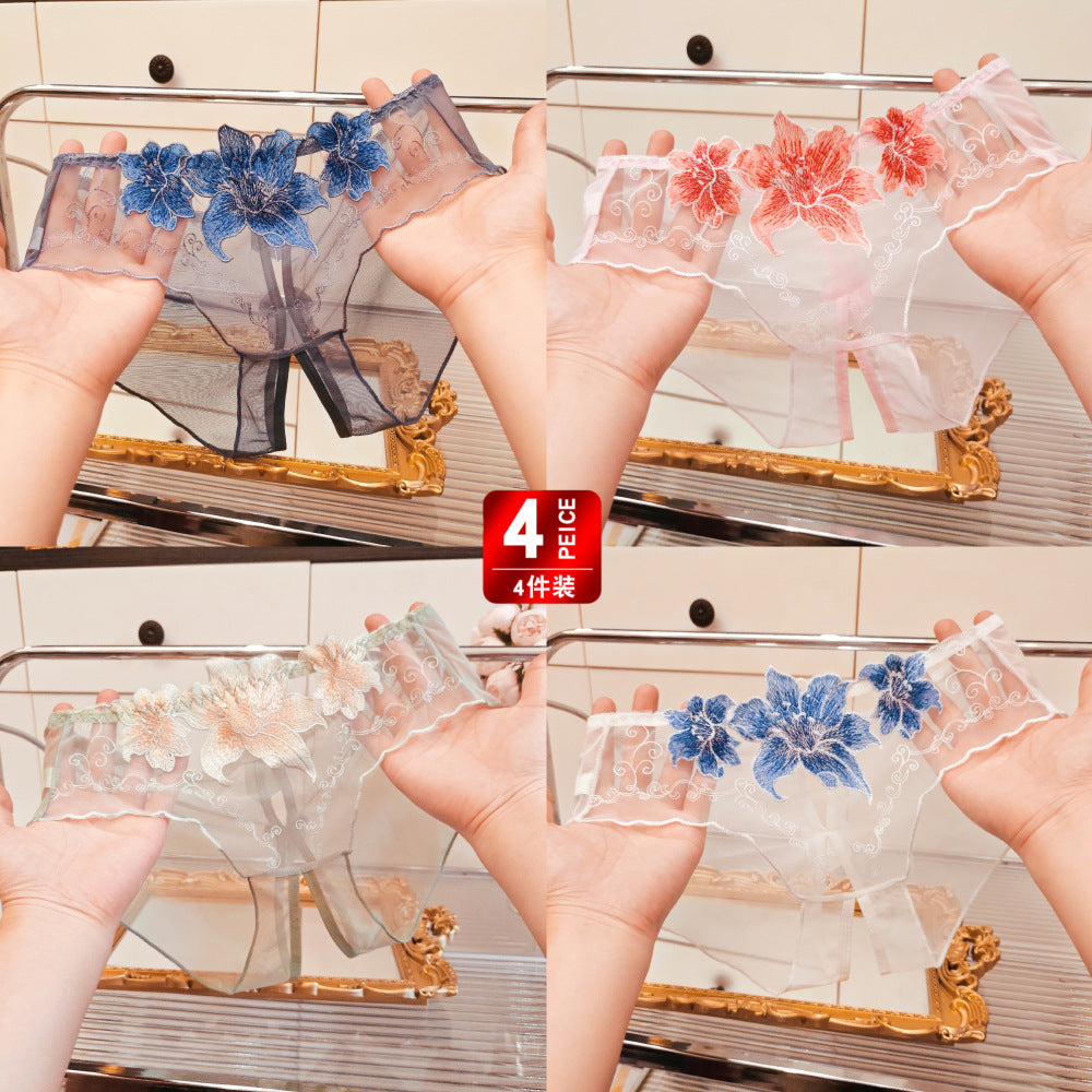 A dropshipping summer thin embroidery hollow open mesh transparent sexy underwear women’s traceless low-waisted new