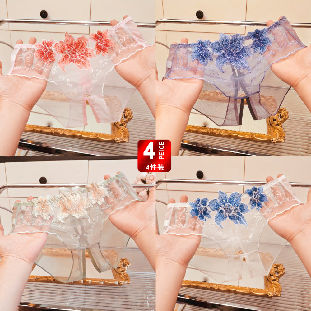 A dropshipping summer thin embroidery hollow open mesh transparent sexy underwear women’s traceless low-waisted new