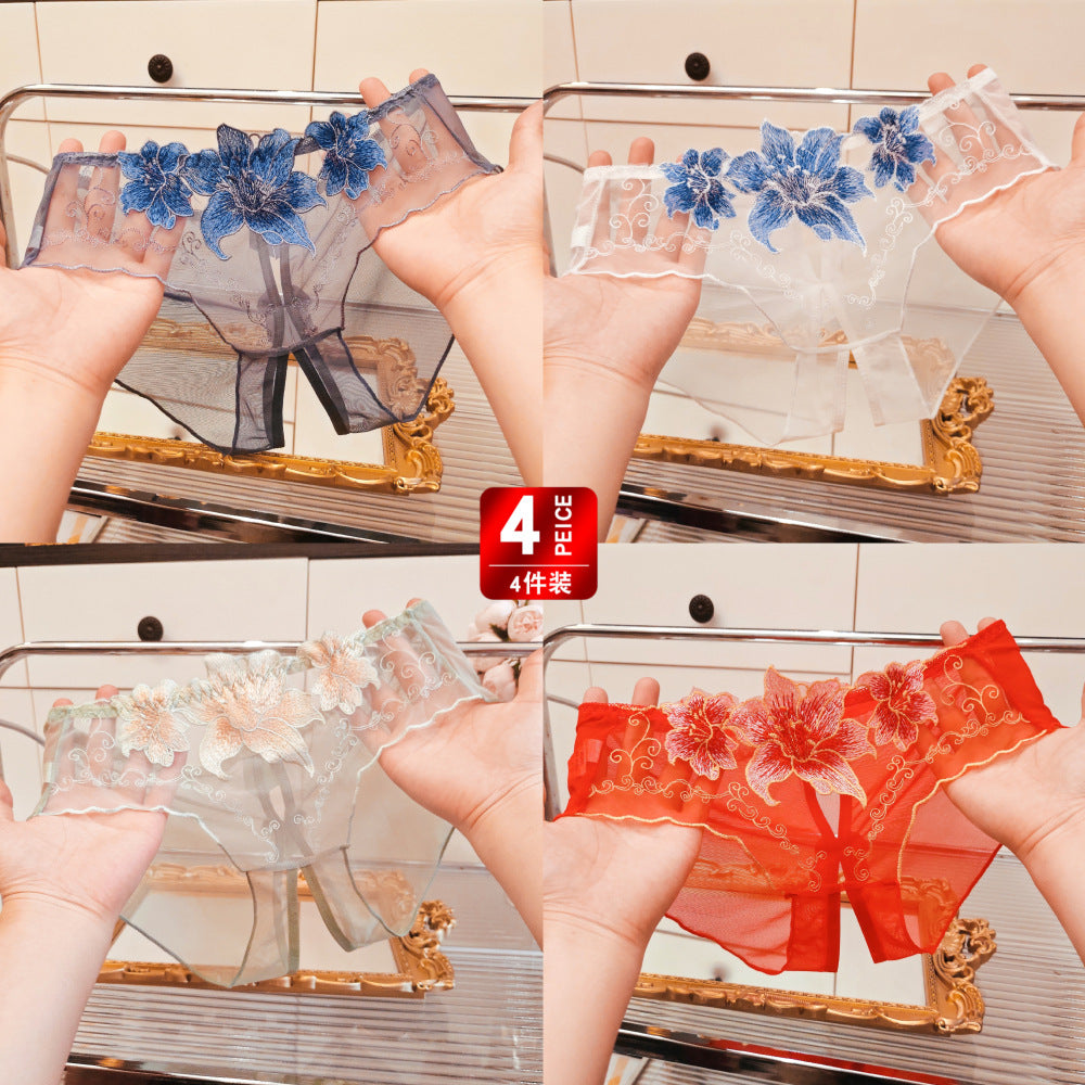 A dropshipping summer thin embroidery hollow open mesh transparent sexy underwear women’s traceless low-waisted new