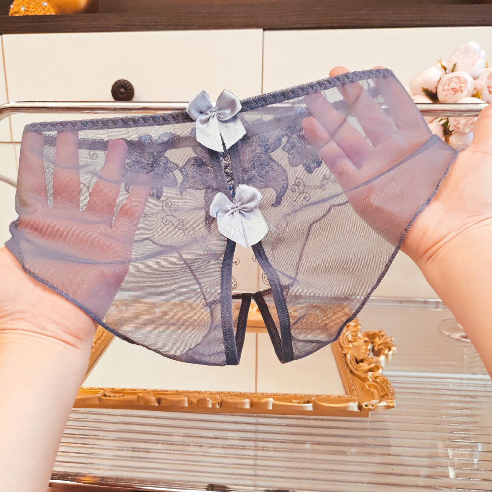 Image of A dropshipping summer thin embroidery hollow open mesh transparent sexy underwear women’s traceless low-waisted new