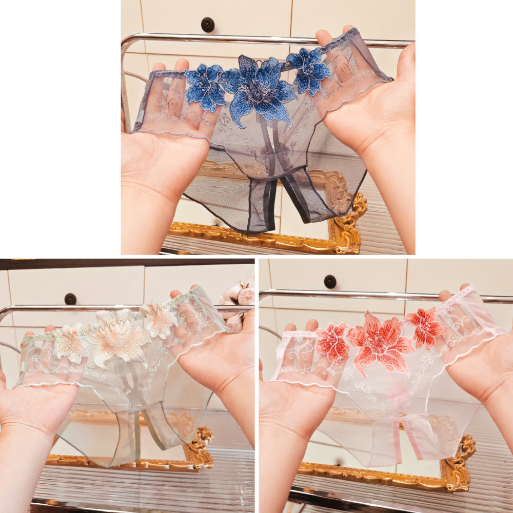 A dropshipping summer thin embroidery hollow open mesh transparent sexy underwear women’s traceless low-waisted new