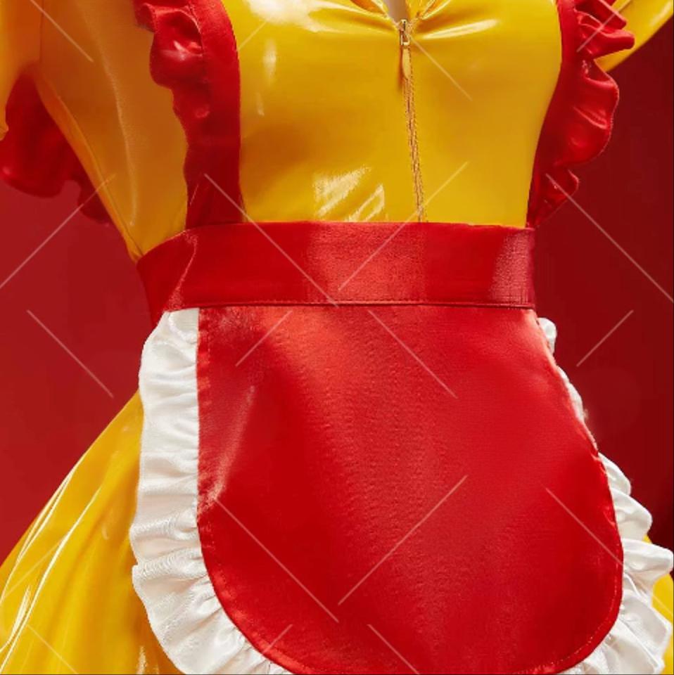 Image of Mobbunny Women's Sexy Lingerie Maid Uniform Set Waitress Yellow Dress with Red Apron and Hat Halloween Cosplay Costume