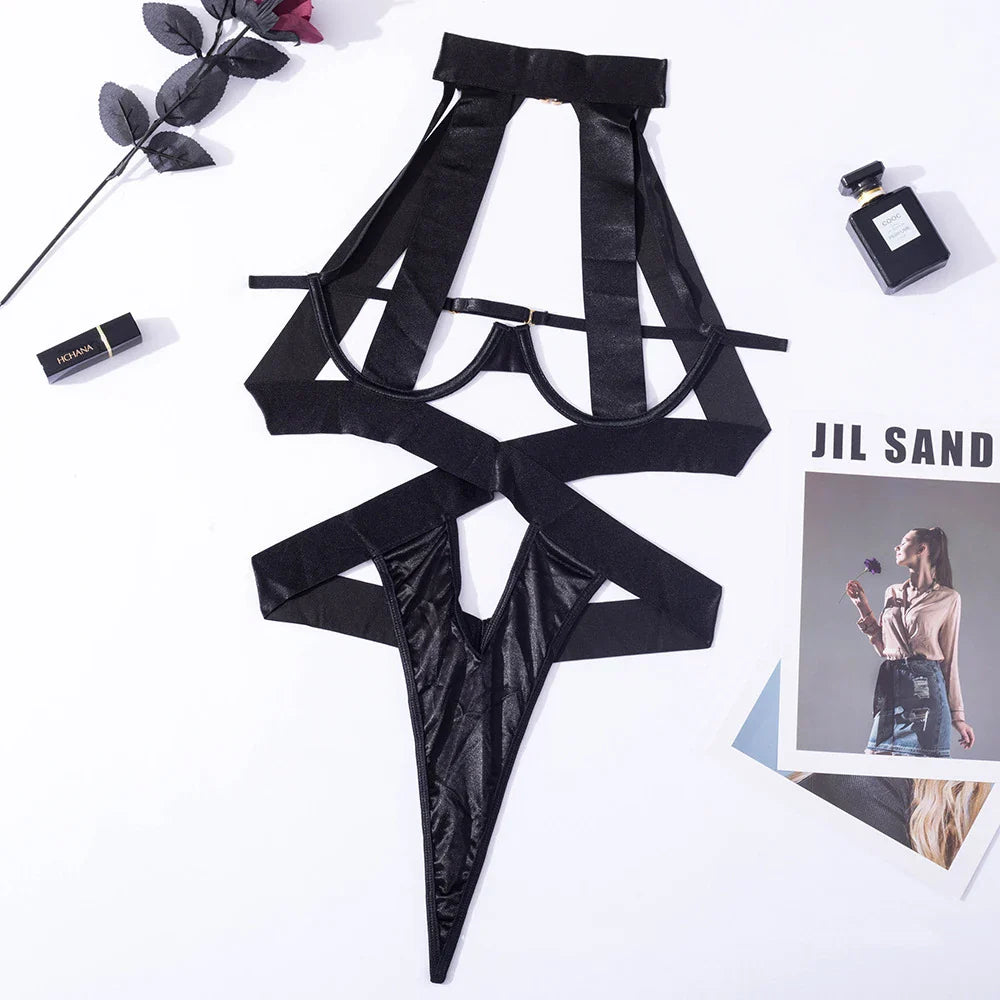 Image of Black Halter Sexy Lingerie Women Bandage One Piece Bra Sets Erotic Costumes Teddy Baby Doll Dress Push Up Underwear Set