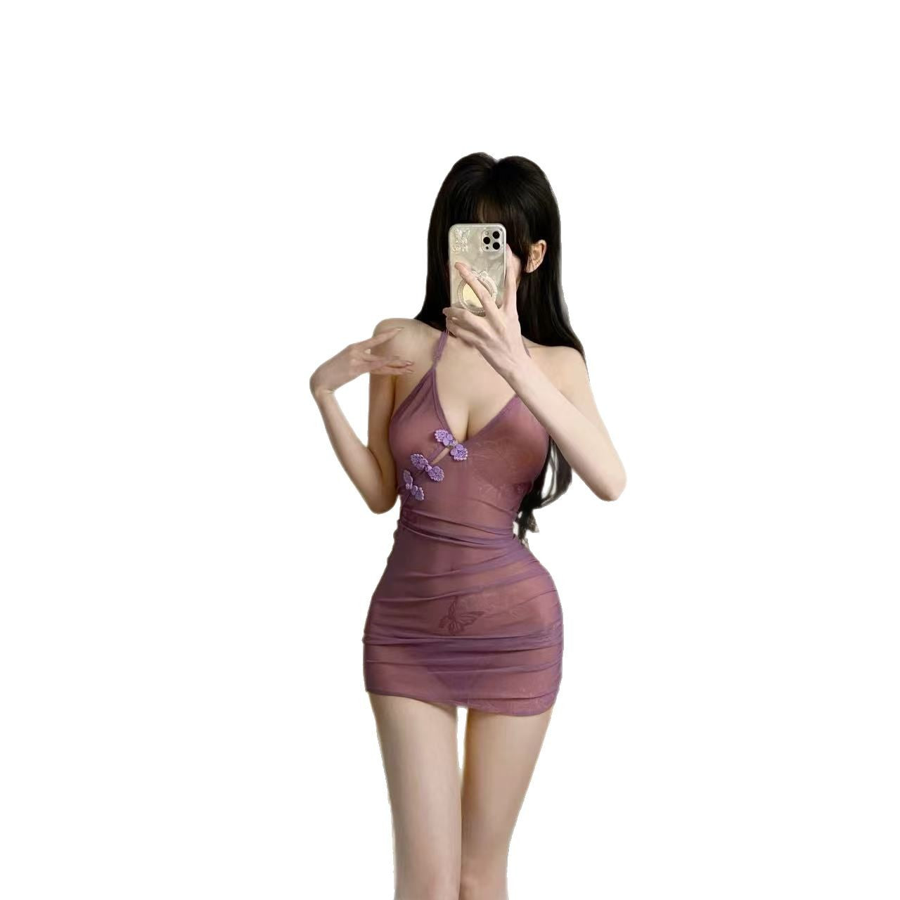 Charming first sexual emotion underwear style backless soft gauze see-through classical pure desire cheongsam bed