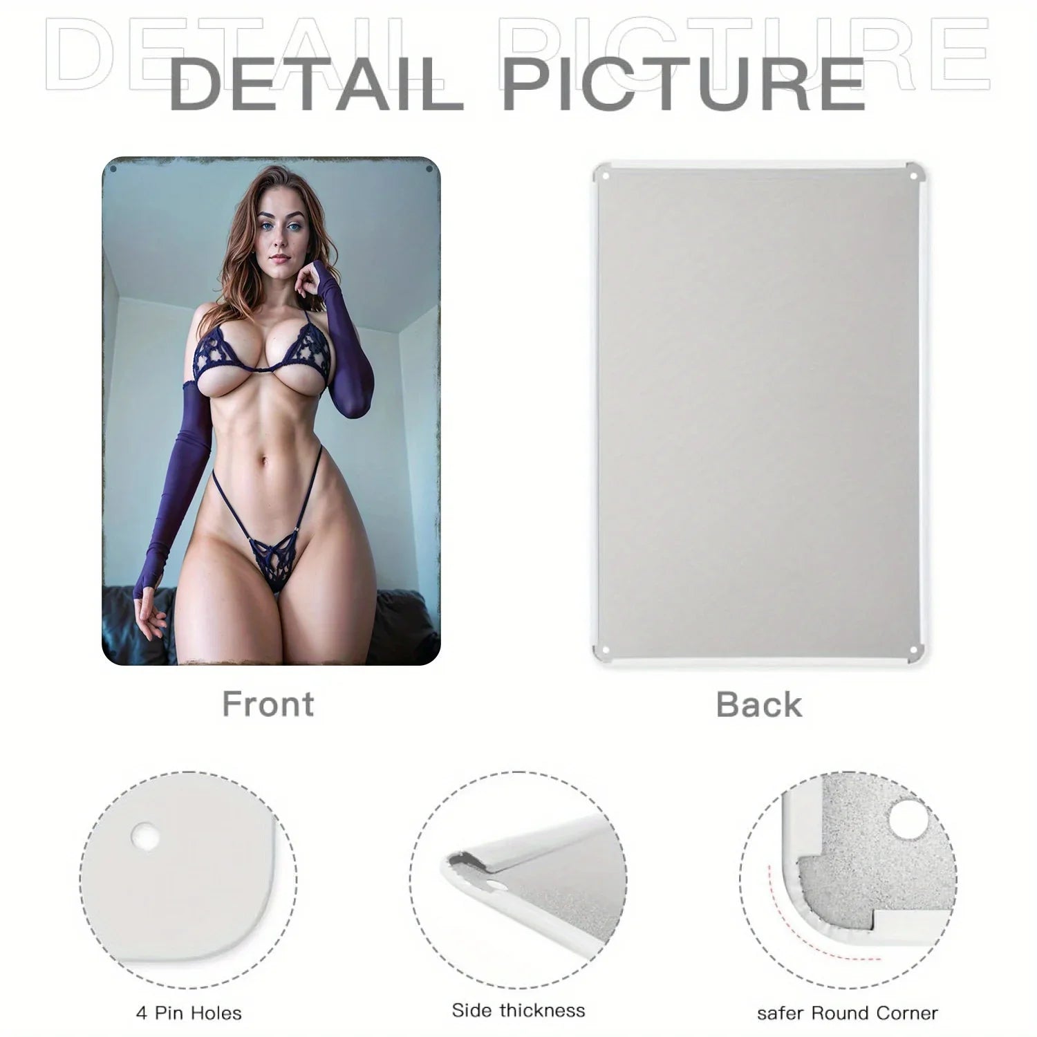 Image of Chic Blonde Pin-Up Metal Art Poster - 8x12 Inch Black Lingerie Sign with Purple Accents Gothic Floral Design for Home