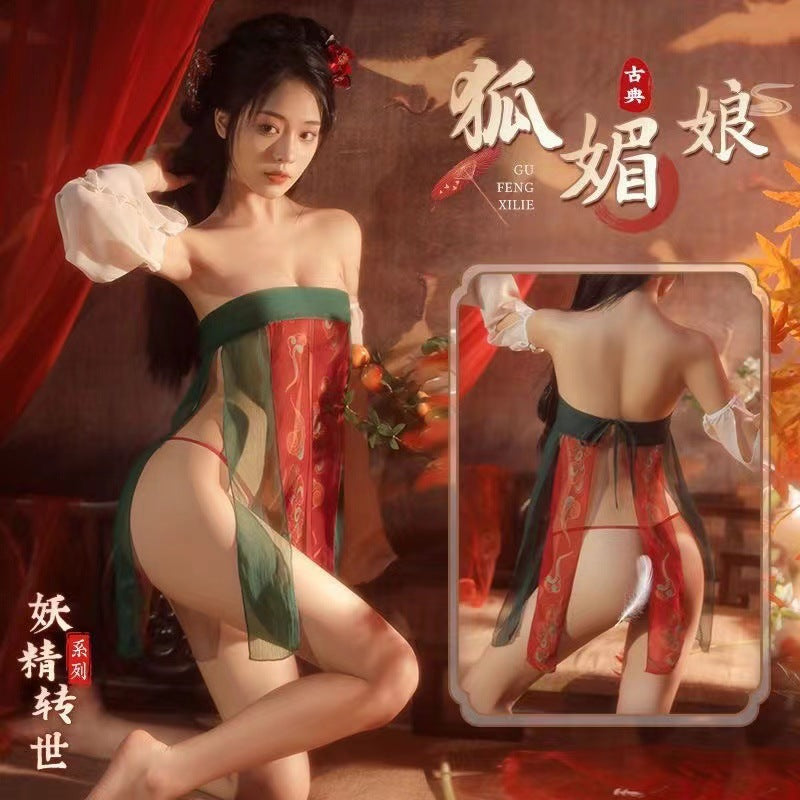 Image of Classical Tang style print split bandeau skirt plus size women’s hanfu erotic underwear sexy buttocks antique style