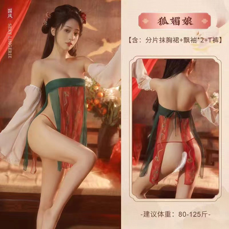 Classical Tang style print split bandeau skirt plus size women’s hanfu erotic underwear sexy buttocks antique style