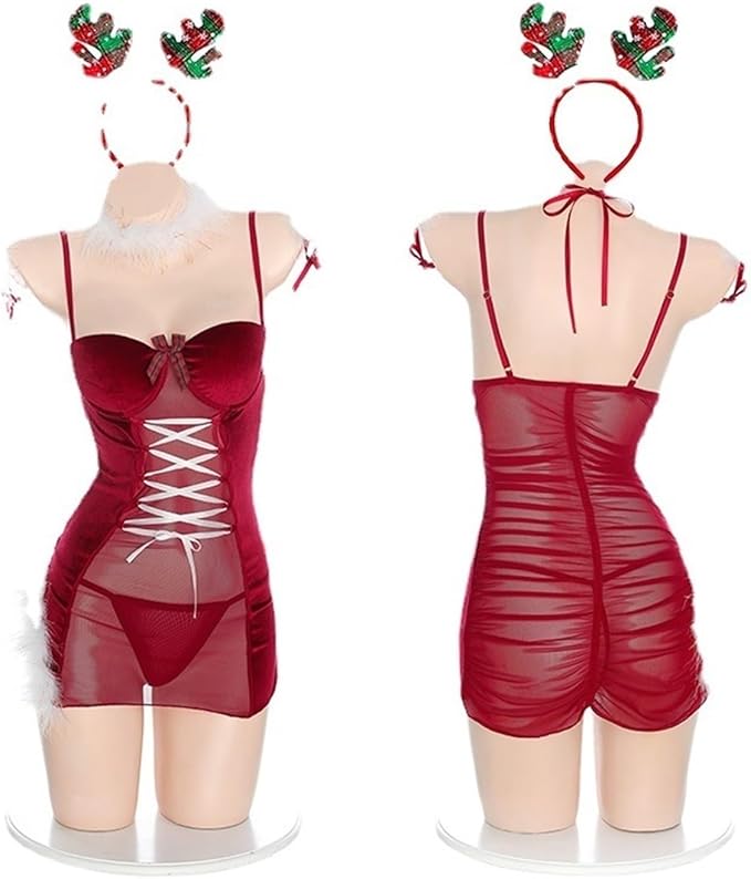 Cross-border erotic lingerie with chest pads Christmas costumes uniform sets sexy backless velvet see-through mesh