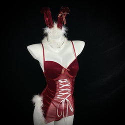 Image of Cross-border erotic lingerie with chest pads Christmas costumes uniform sets sexy backless velvet see-through mesh