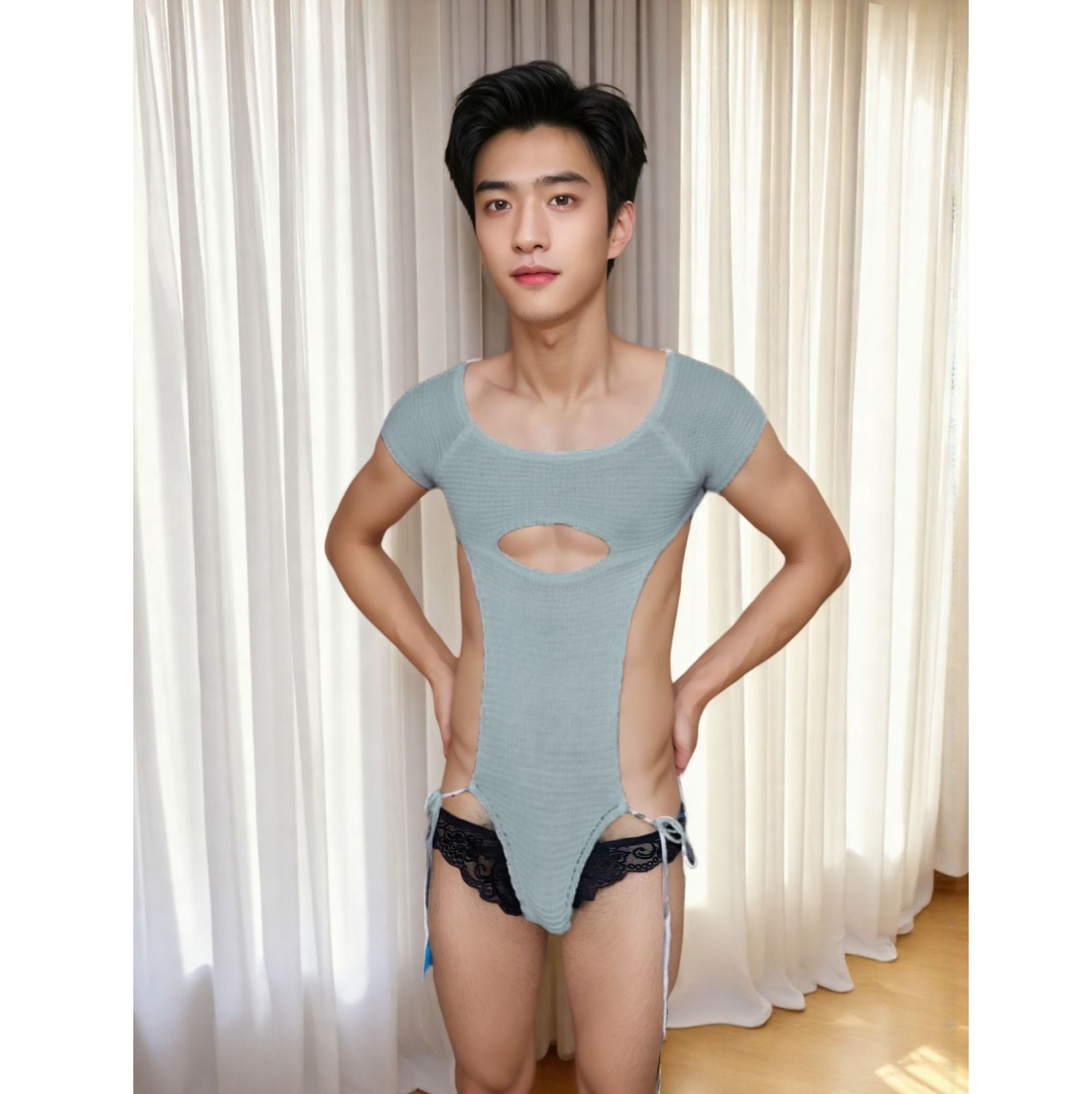 Cross-border foreign trade men’s sexy sweaters beautiful men lace-up hollow uniforms nightclub male model GAY flirting