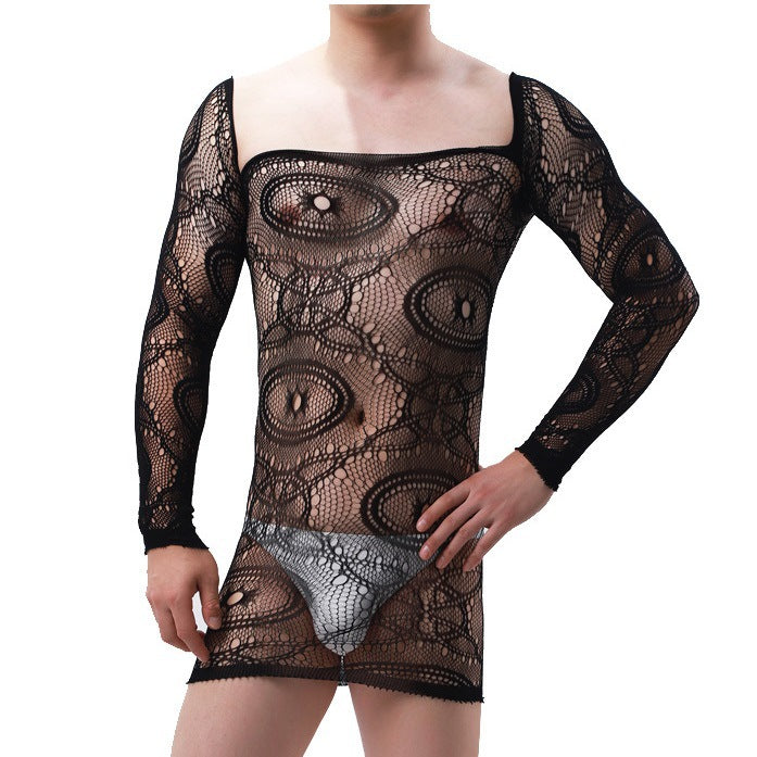 Cross-border men’s mesh long sleeve tight short skirt nightclub male model GAY erotic underwear see-through jacquard