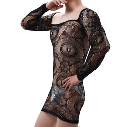 Image of Cross-border men’s mesh long sleeve tight short skirt nightclub male model GAY erotic underwear see-through jacquard