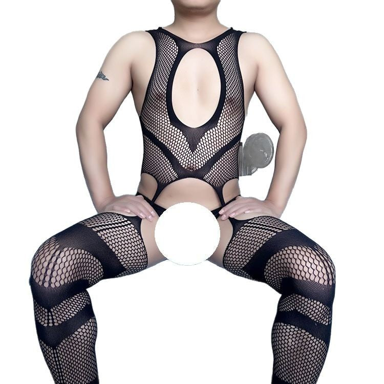Cross-border men’s sexy underwear flirting Han man gay opening one-piece mesh clothes hollow sexy fishnet stockings gay
