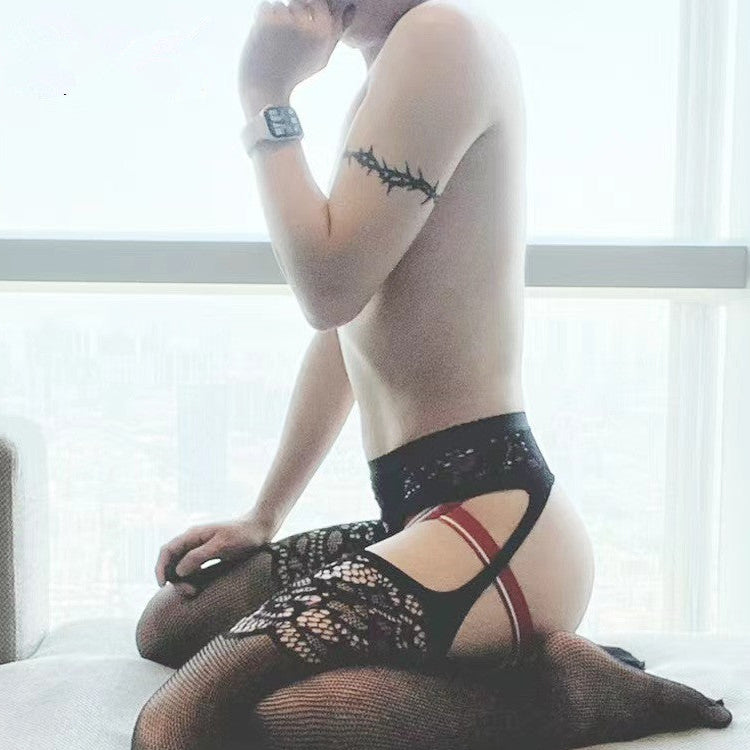 Cross-border sexy men’s sex jumpsuits fishnet socks hollow temptation pseudo-girl gay base stockings one drop shipping