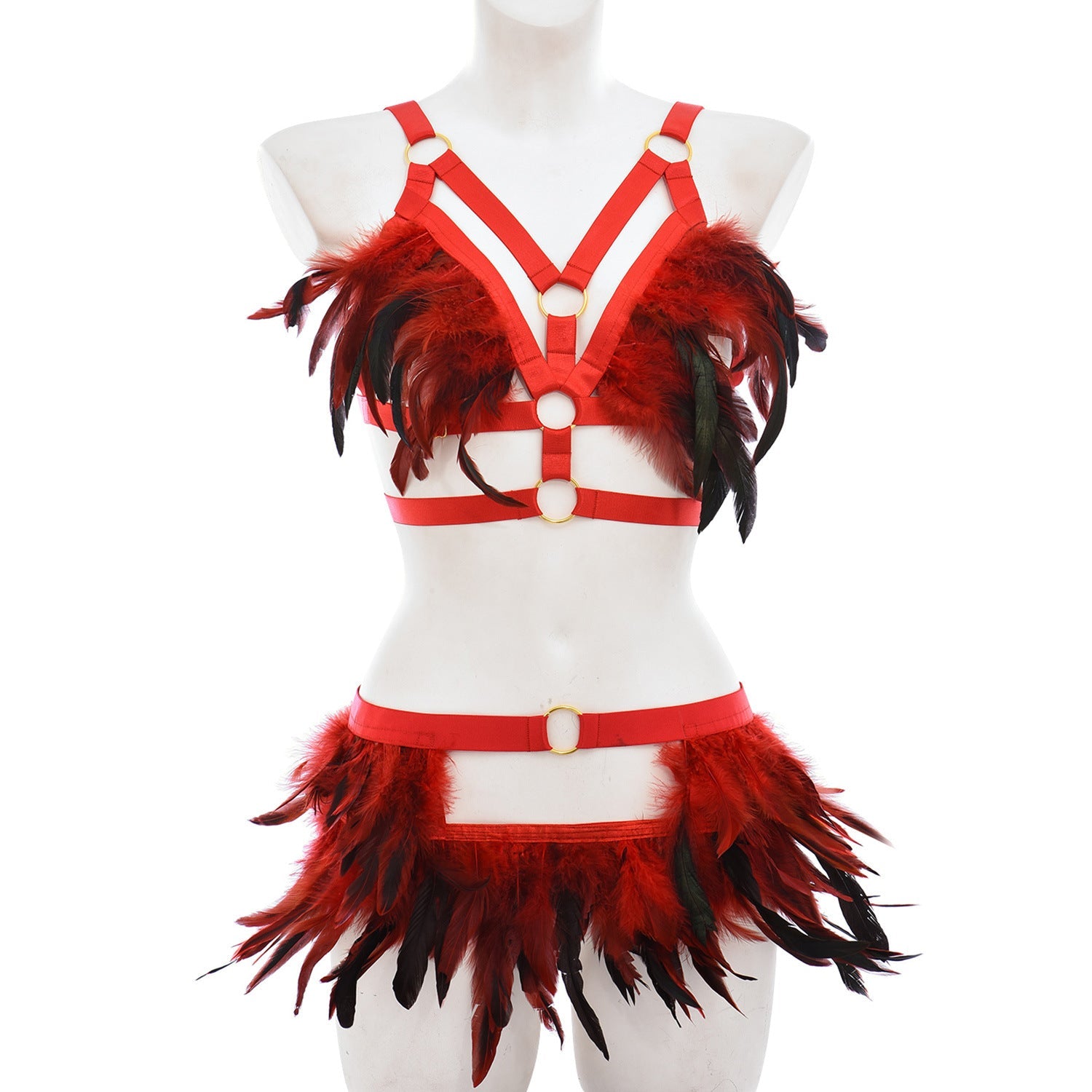 Cross-border sourcing One piece dropshipping wild multi-color optional women’s erotic feather set O0901 + P0283 - red