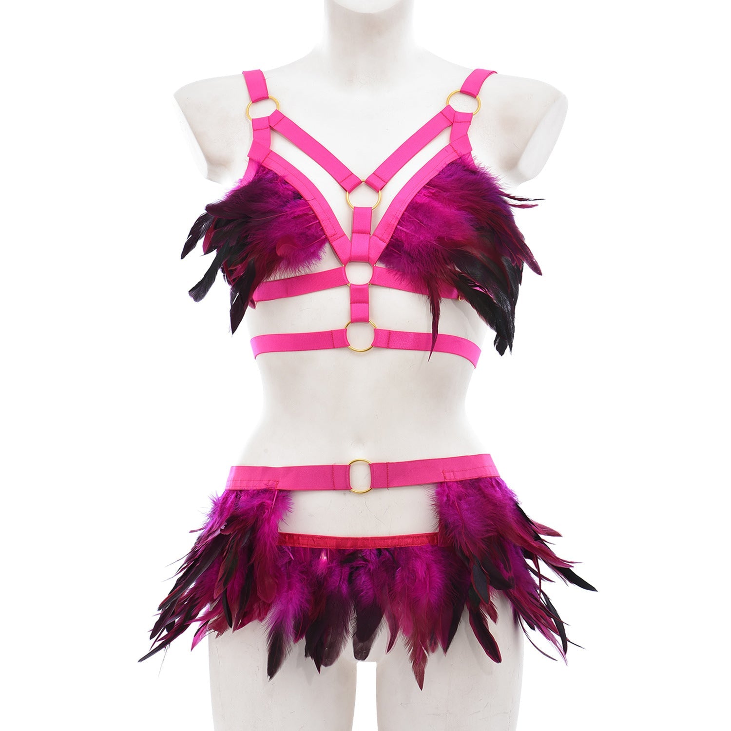 Cross-border sourcing One piece dropshipping wild multi-color optional women’s erotic feather set O0901 + P0283 - rose
