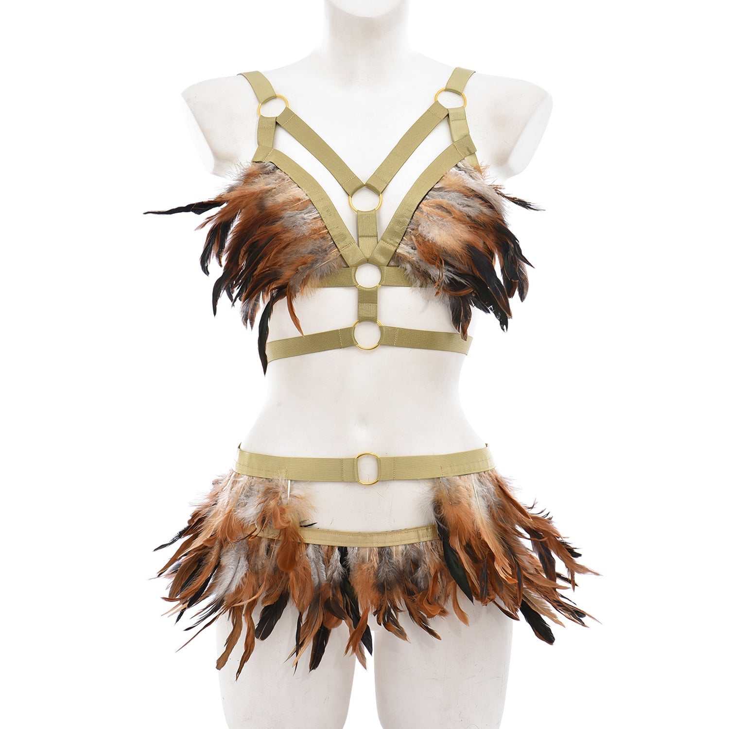 Image of Cross-border sourcing One piece dropshipping wild multi-color optional women’s erotic feather set O0901 + P0283 - brown