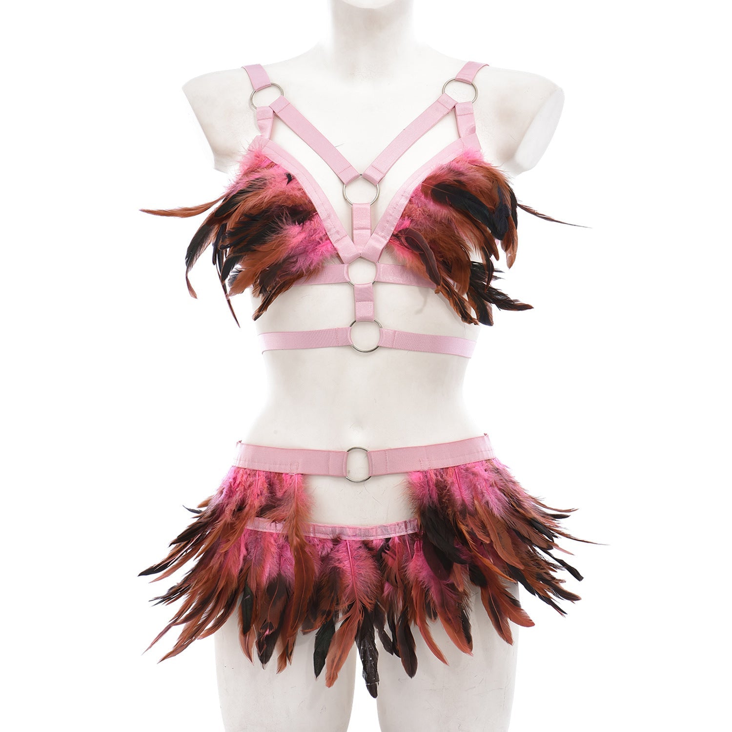 Cross-border sourcing One piece dropshipping wild multi-color optional women’s erotic feather set O0901 + P0283 - Pink