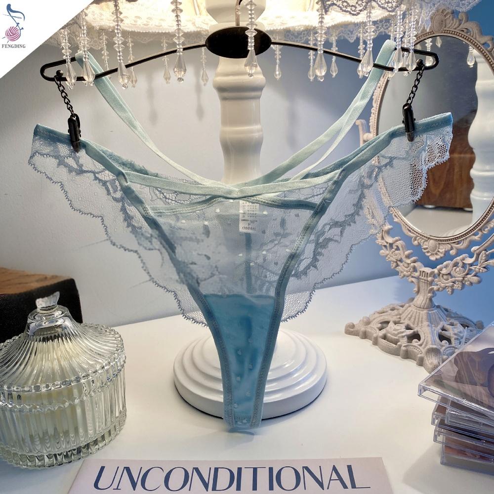 Image of Cut-out lace polka dot jacquard mesh T-pants female hot sexy seduction cross thin strap pure desire erotic thong - Sky