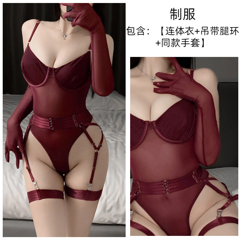 Dirty Rabbit Underwire Beauty Body Open Crotch Garter Set Erotic Lingerie One-Piece Sexy Hot Bar Pure Sex Woman - Red