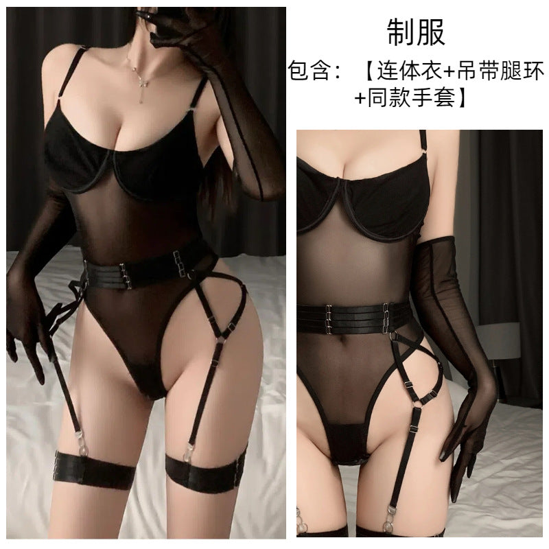 Dirty Rabbit Underwire Beauty Body Open Crotch Garter Set Erotic Lingerie One-Piece Sexy Hot Bar Pure Sex Woman - Black