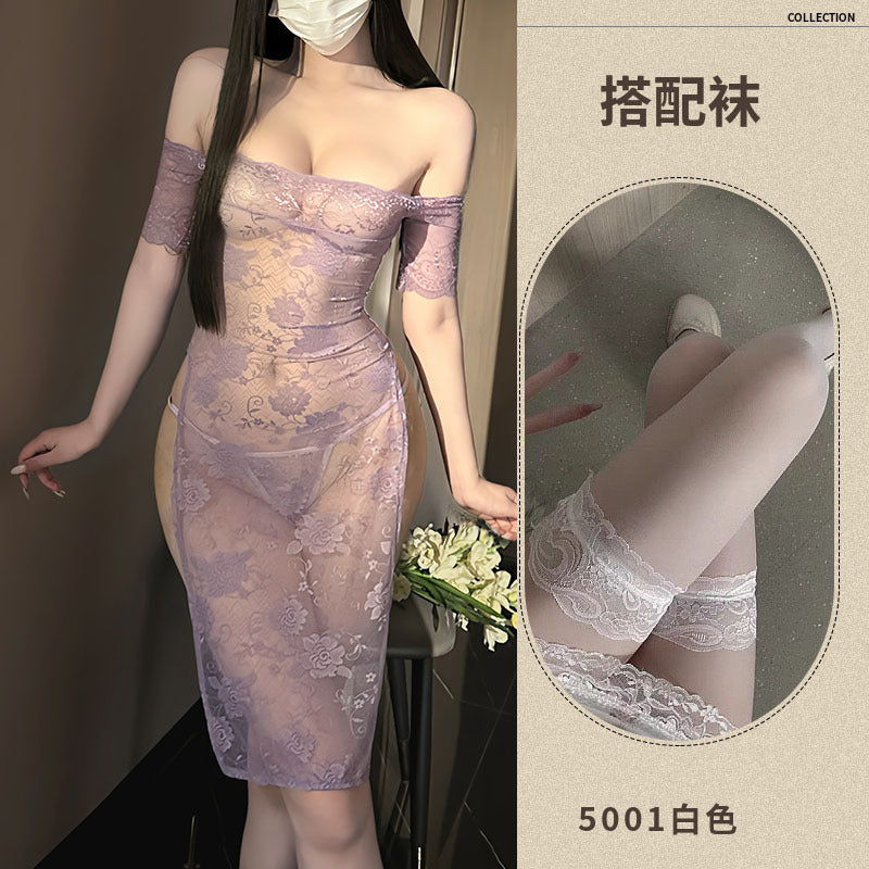 dropshipping erotic lingerie lace purple dress pure desire pajamas qqny cheongsam set hot girl uniform F128 - Purple