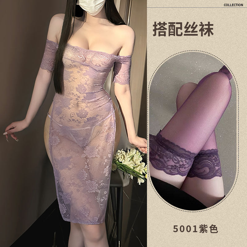 dropshipping erotic lingerie lace purple dress pure desire pajamas qqny cheongsam set hot girl uniform F128 - Purple