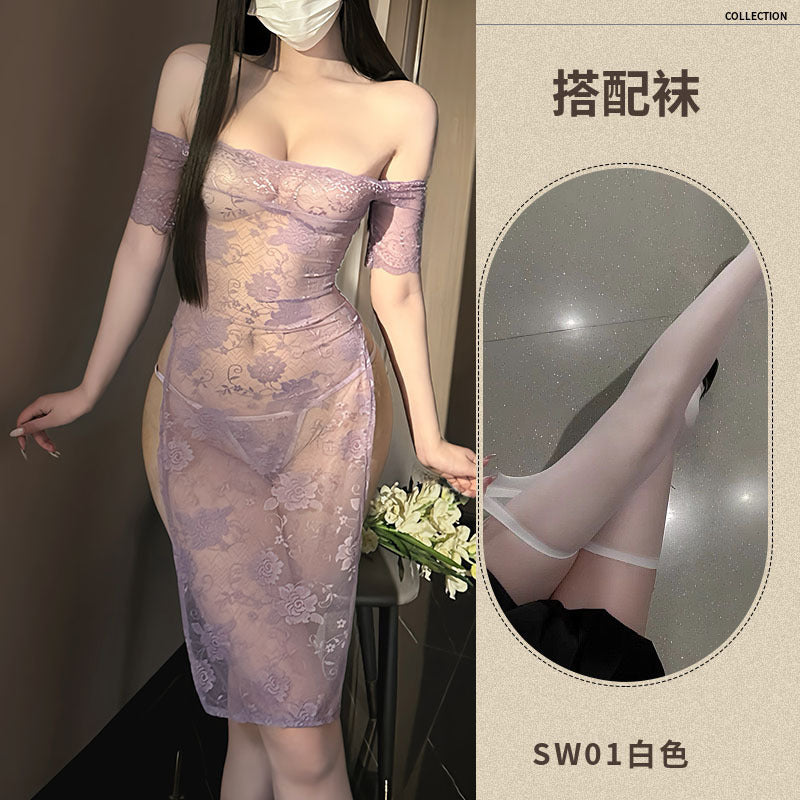 dropshipping erotic lingerie lace purple dress pure desire pajamas qqny cheongsam set hot girl uniform F128 - Purple