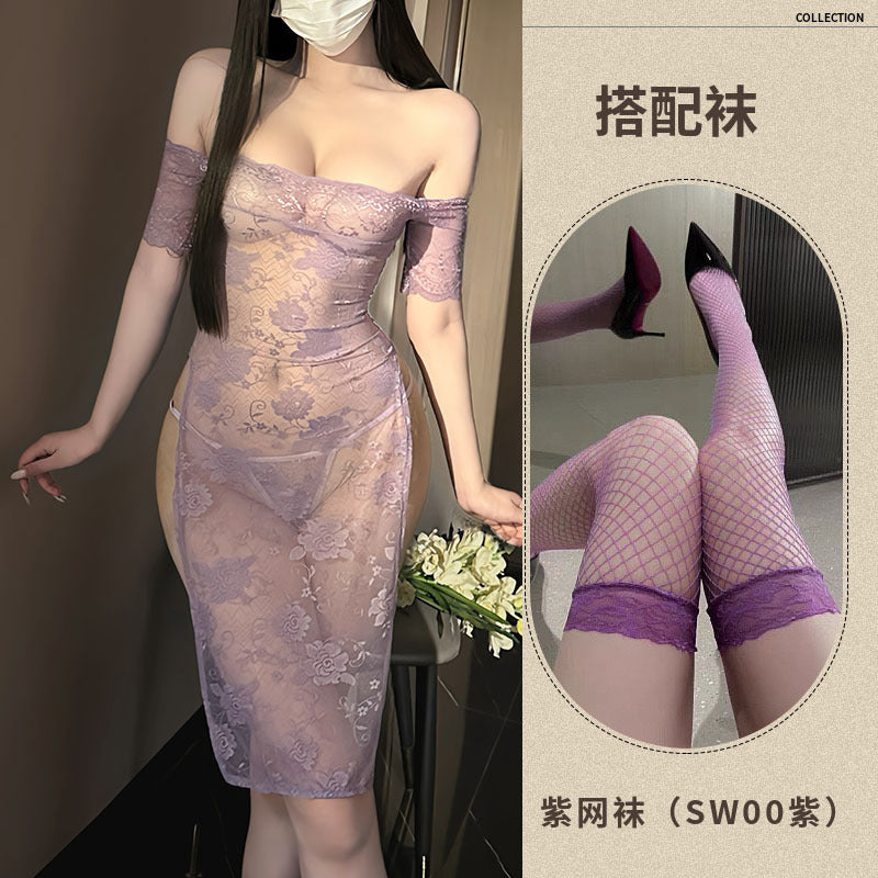 dropshipping erotic lingerie lace purple dress pure desire pajamas qqny cheongsam set hot girl uniform F128 - Purple