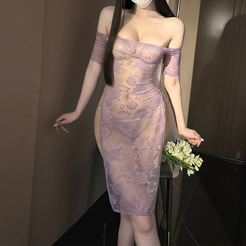 dropshipping erotic lingerie lace purple dress pure desire pajamas qqny cheongsam set hot girl uniform F128 - Sexy
