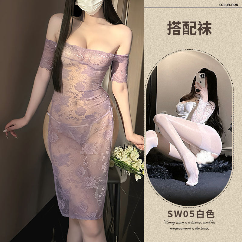 dropshipping erotic lingerie lace purple dress pure desire pajamas qqny cheongsam set hot girl uniform F128 - Purple