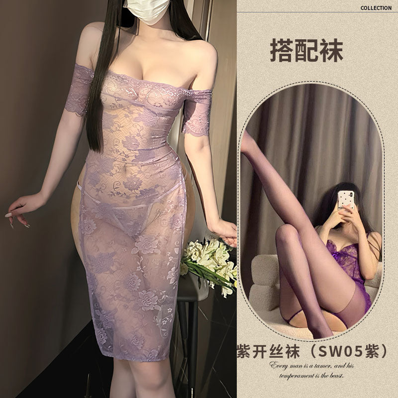 dropshipping erotic lingerie lace purple dress pure desire pajamas qqny cheongsam set hot girl uniform F128 - Purple