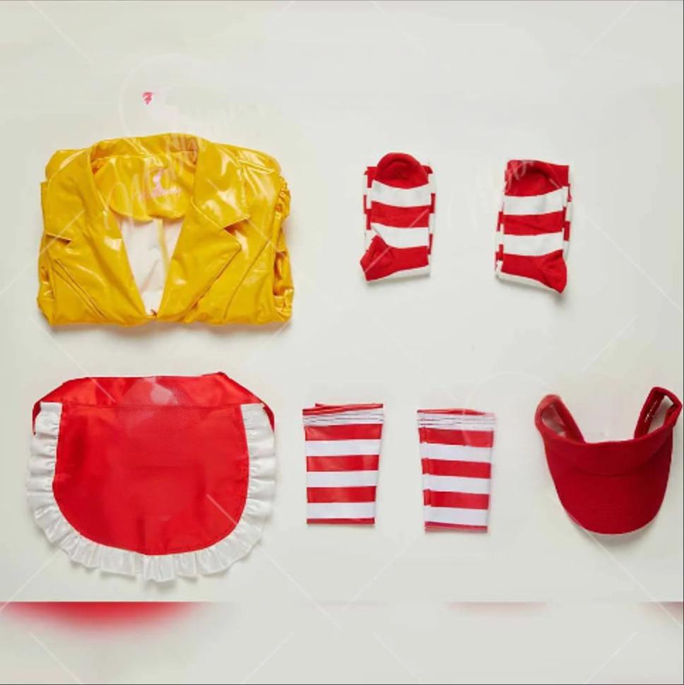 Image of Mobbunny Women's Sexy Lingerie Maid Uniform Set Waitress Yellow Dress with Red Apron and Hat Halloween Cosplay Costume