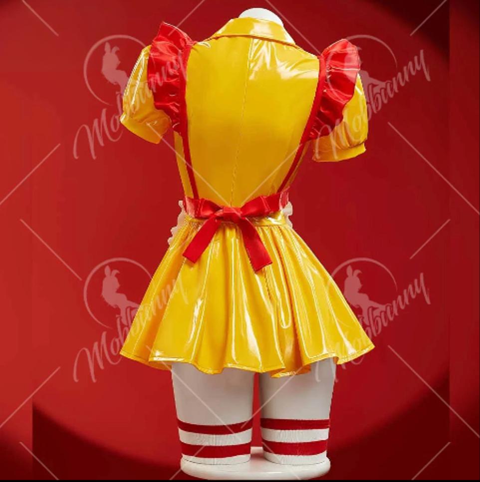 Mobbunny Women's Sexy Lingerie Maid Uniform Set Waitress Yellow Dress with Red Apron and Hat Halloween Cosplay Costume