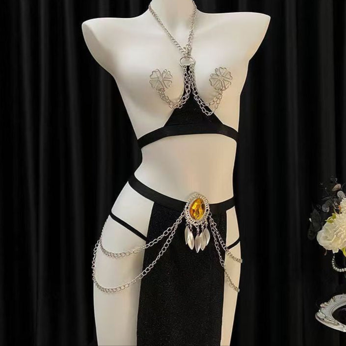 Erotic egyptian queen sexy bunny girl uniform metal slit maxi dress exotic sexy suit - Antique Egyptian skirt + black