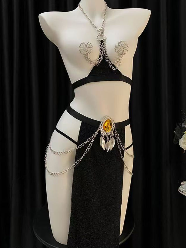 Image of Erotic egyptian queen sexy bunny girl uniform metal slit maxi dress exotic sexy suit - Antique Egyptian film skirt