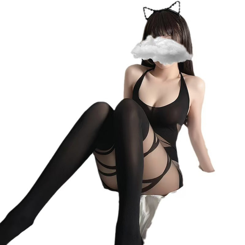 Image of Erotic lingerie sexy black silk temptation open crotch free stockings bed flirting supplies female large size bodysuit