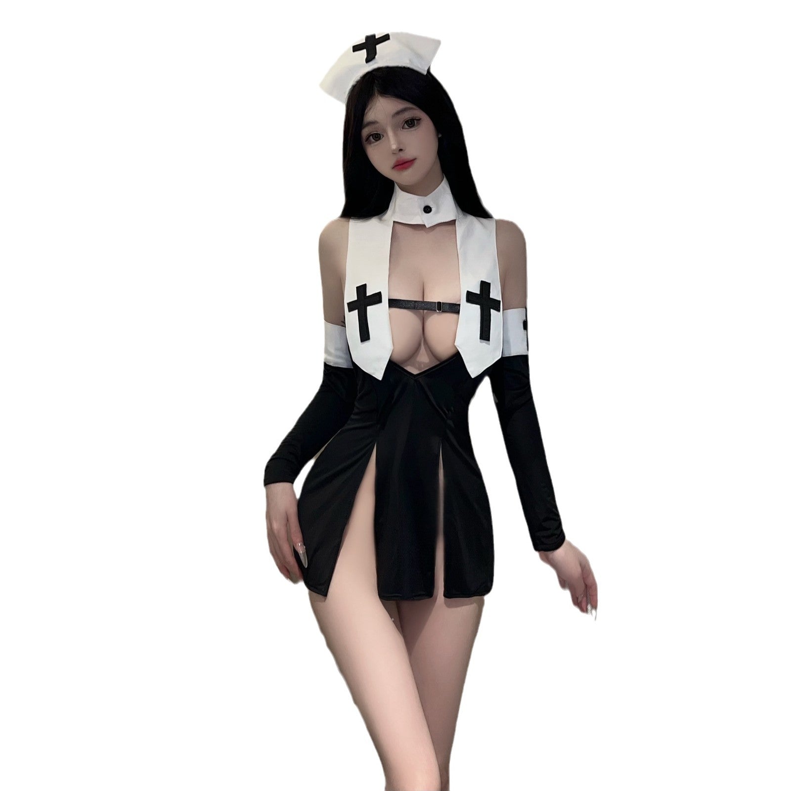 Image of Erotic lingerie sexy cut-out slit skirt lace-up bandages nun uniform nurse cosplay COS set - Cosplay Onesie