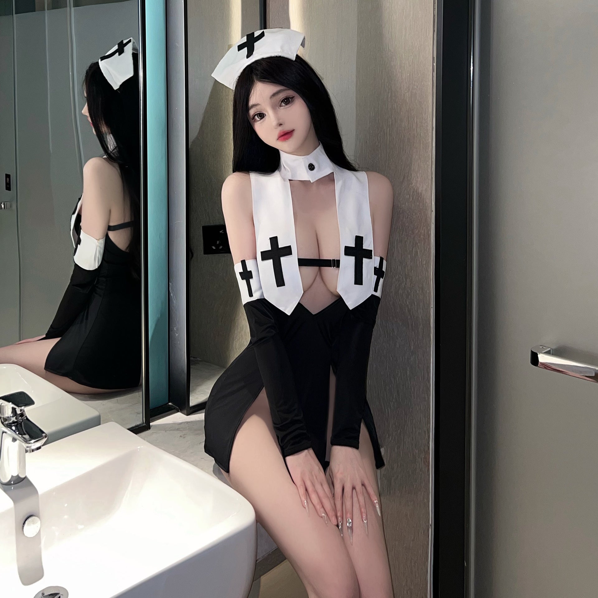 Erotic lingerie sexy cut-out slit skirt lace-up bandages nun uniform nurse cosplay COS set - Cosplay Onesie