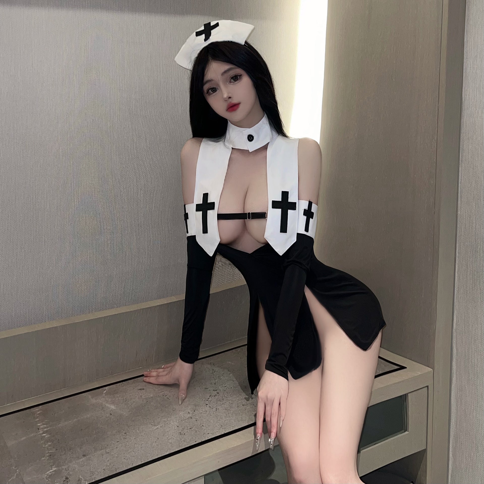 Erotic lingerie sexy cut-out slit skirt lace-up bandages nun uniform nurse cosplay COS set - Cosplay Onesie
