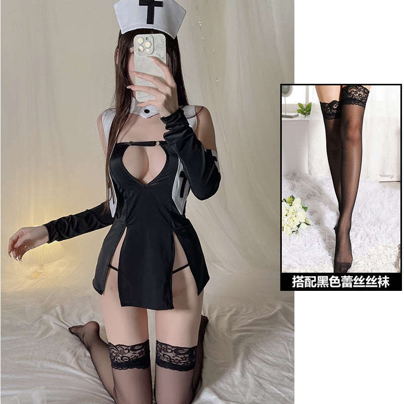 Image of Erotic lingerie sexy cut-out slit skirt lace-up bandages nun uniform nurse cosplay COS set - [Headband + sleeves *2